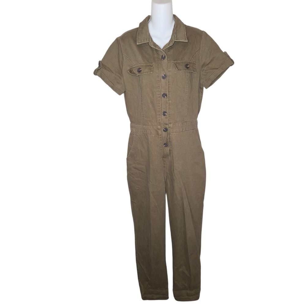 Haute Monde Anthro Denim Olive Green Utility Coveralls Jumpsuit Size Large - Picture 2 of 12
